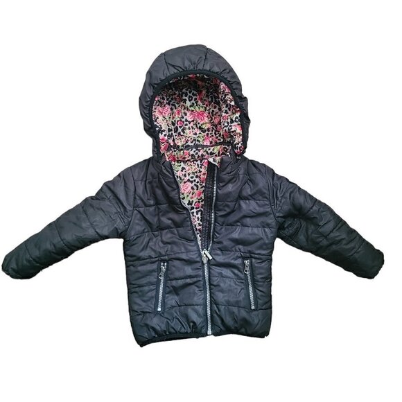 3 Pommes Girls Black Floral Quilted Reversible Puffer Winter Coat - Picture 1 of 7